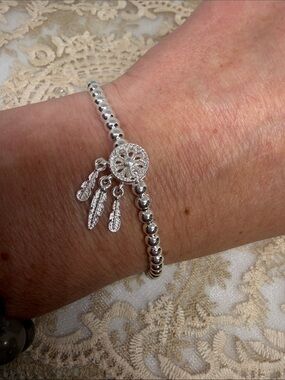925 Sterling Silver Dreamcatcher Bracelet Boho Feather Beaded Chain Southwestern